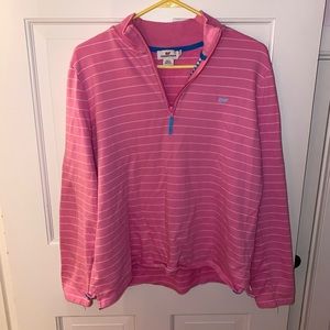 Pink and white shep shirt with blue elbow patches!